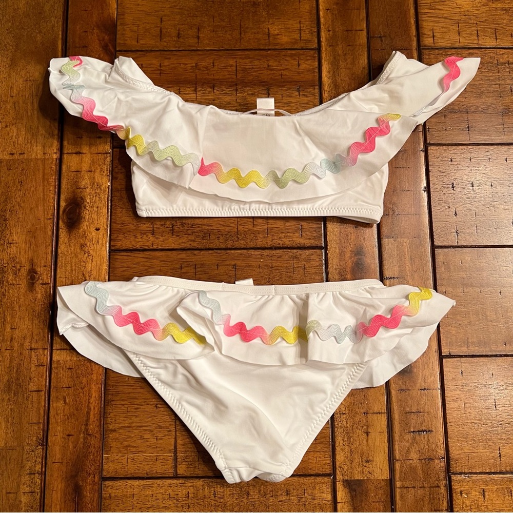 Size 6 Girl’s Stella Cove White Ruffle Rainbow Ric-Rac Bikini Swimsuit